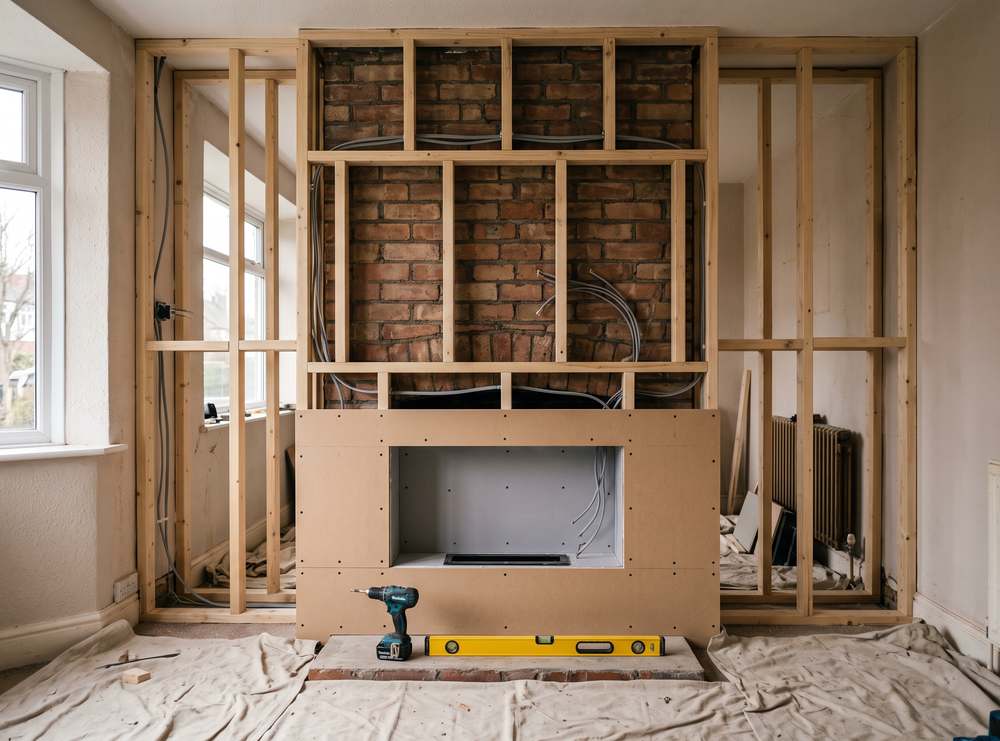 A media wall part built, the timber frame fixed to the wall with the fire and screen openings formed