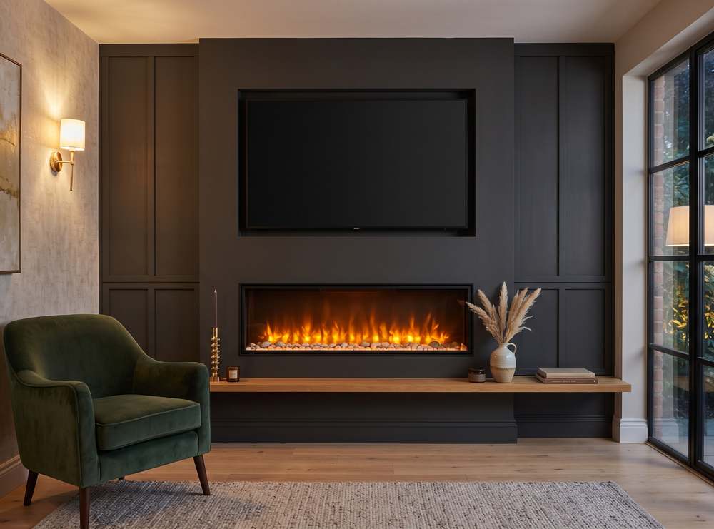 A wide landscape inset electric fire with an amber flame effect set into dark panelling