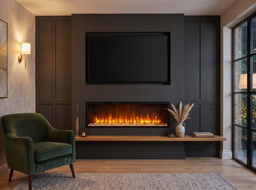 A landscape inset electric fire set into dark panelling