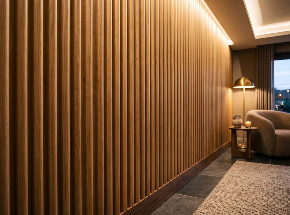 Vertical fluted timber panelling running along a living room wall, lit from above