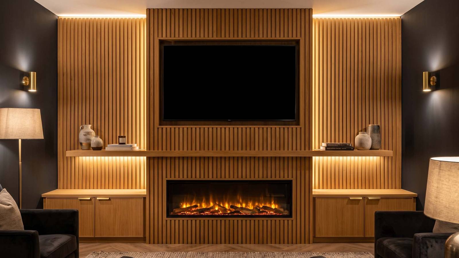 A fitted media wall in oak slatted panelling with a recessed television and a lit linear fire below it