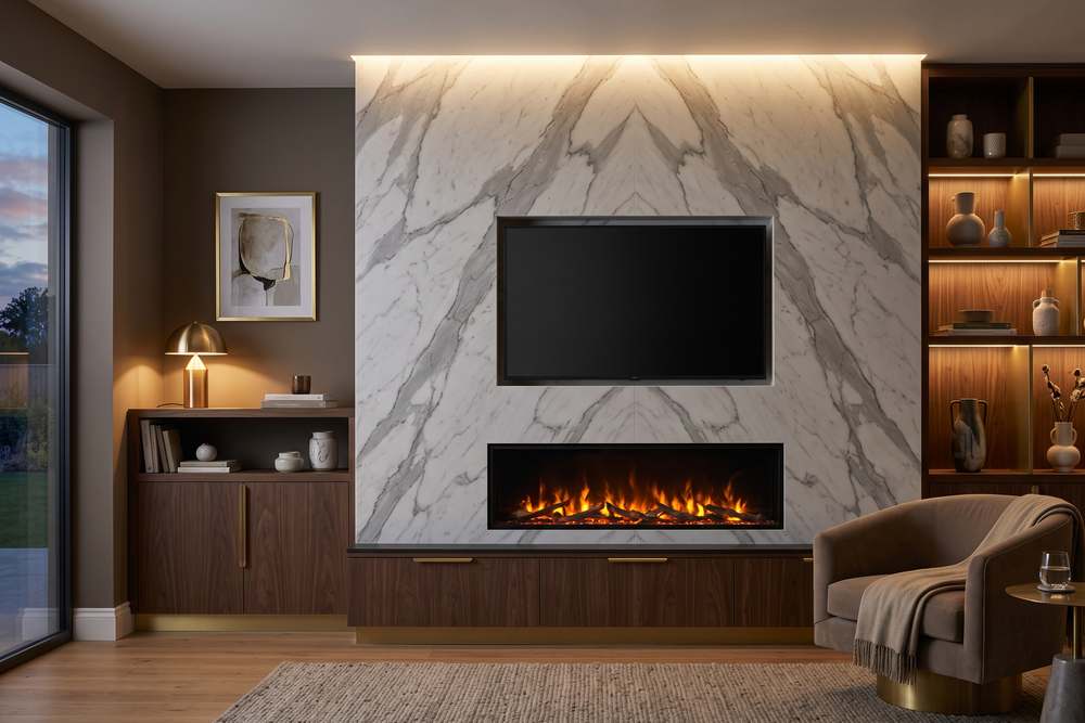 A media wall faced in veined stone with a linear fire, a recessed screen and a lit display wing