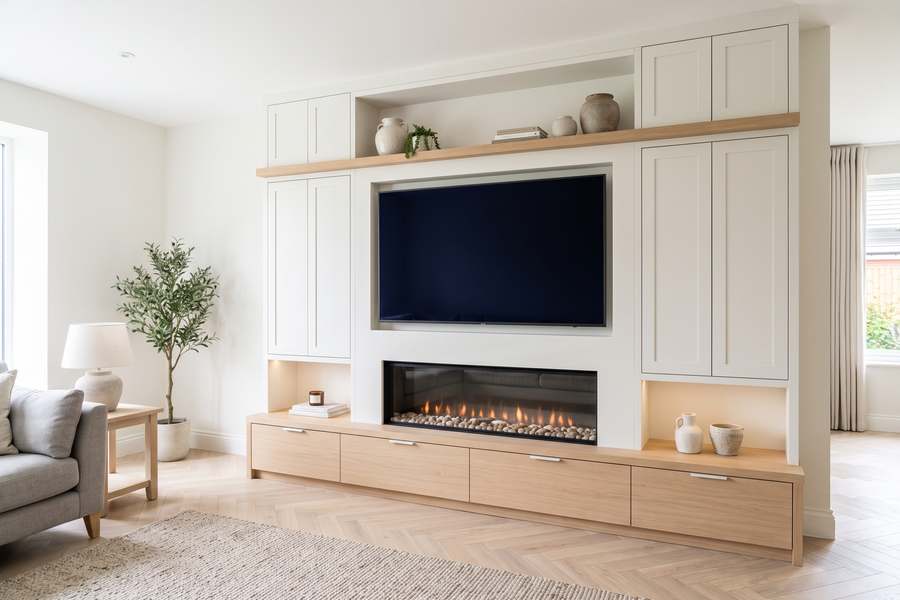 A media wall with a linear fire, a recessed screen and a lit display alcove on each side