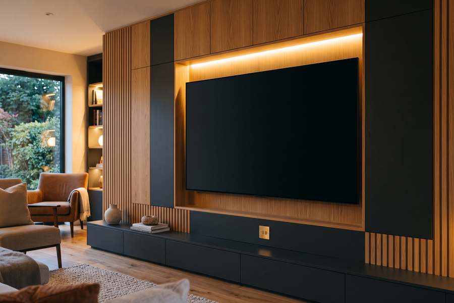A slatted timber media wall with a television recessed flush into it and a lit shelf beneath