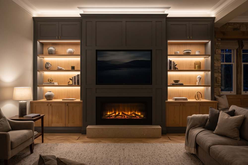 A floor to ceiling panelled media wall wrapped around a chimney breast, with a fire, lit alcoves and storage below
